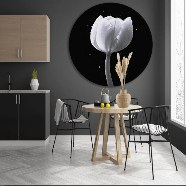 Minimalistische witte tulp met waterdruppels forex muurcirkel