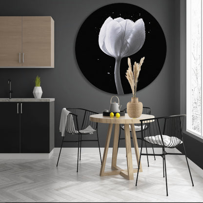 Minimalistische witte tulp met waterdruppels forex muurcirkel