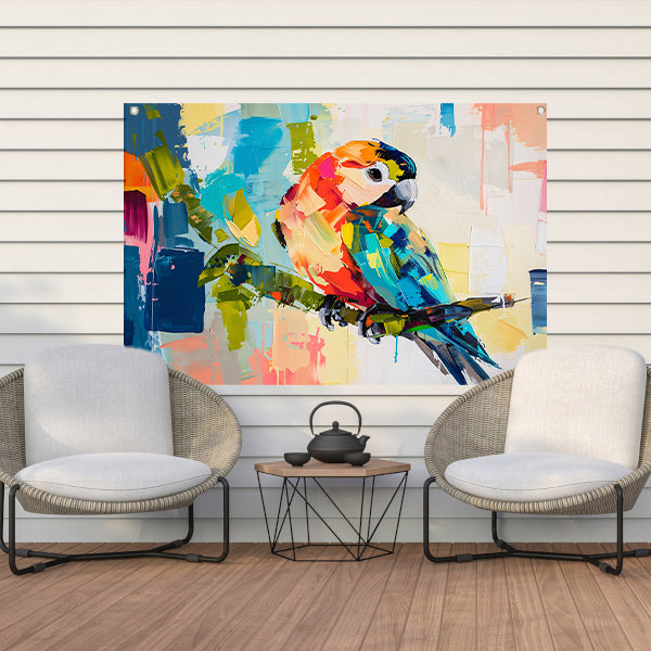 Abstracte kleurrijke papegaai op tak tuinposter