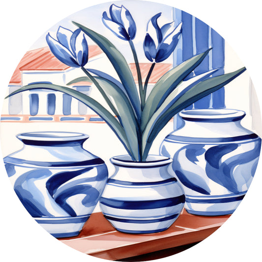Elegante Blauwe Tulpen in Vazen aluminium muurcirkel