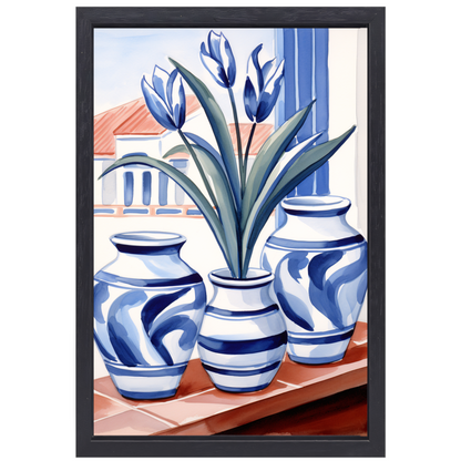 Elegante Blauwe Tulpen in Vazen canvas met baklijst