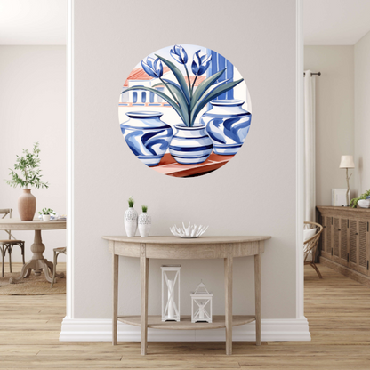 Elegante Blauwe Tulpen in Vazen aluminium muurcirkel