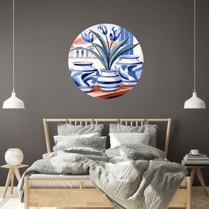 Elegante Blauwe Tulpen in Vazen aluminium muurcirkel