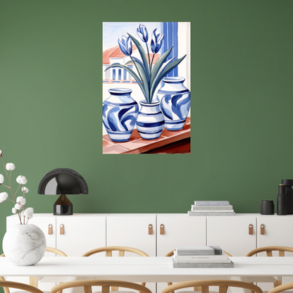 Elegante Blauwe Tulpen in Vazen canvas met baklijst