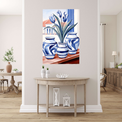 Elegante Blauwe Tulpen in Vazen canvas met baklijst