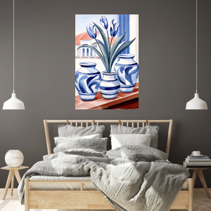 Elegante Blauwe Tulpen in Vazen canvas met baklijst