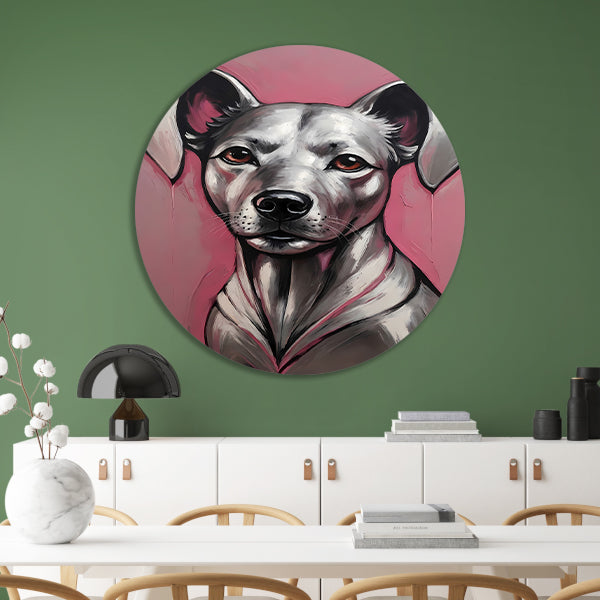 Abstract Portret van een Hond in Roze en Zilver aluminium muurcirkel