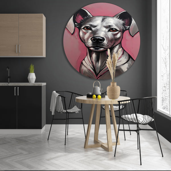 Abstract Portret van een Hond in Roze en Zilver aluminium muurcirkel