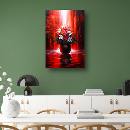 Levendige Bloemen in Elegante Zwarte Vaas op Rode Achtergrond poster