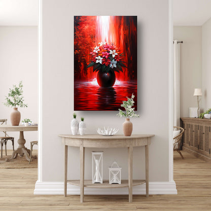Levendige Bloemen in Elegante Zwarte Vaas op Rode Achtergrond poster