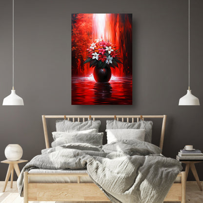 Levendige Bloemen in Elegante Zwarte Vaas op Rode Achtergrond poster
