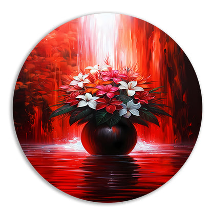 Levendige Bloemen in Elegante Zwarte Vaas op Rode Achtergrond aluminium muurcirkel