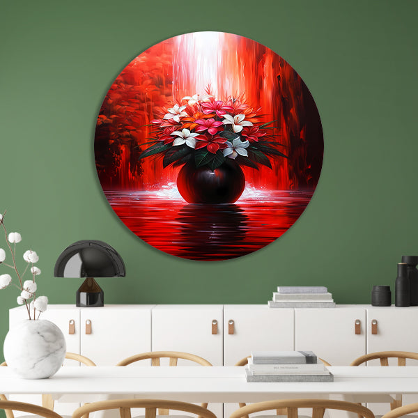 Levendige Bloemen in Elegante Zwarte Vaas op Rode Achtergrond aluminium muurcirkel