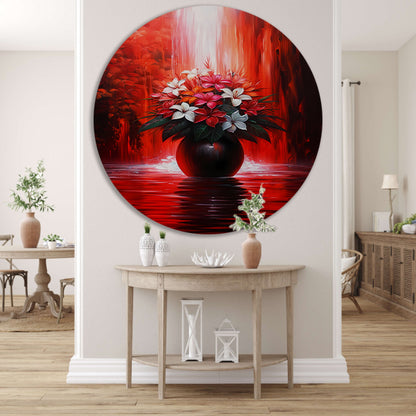 Levendige Bloemen in Elegante Zwarte Vaas op Rode Achtergrond aluminium muurcirkel
