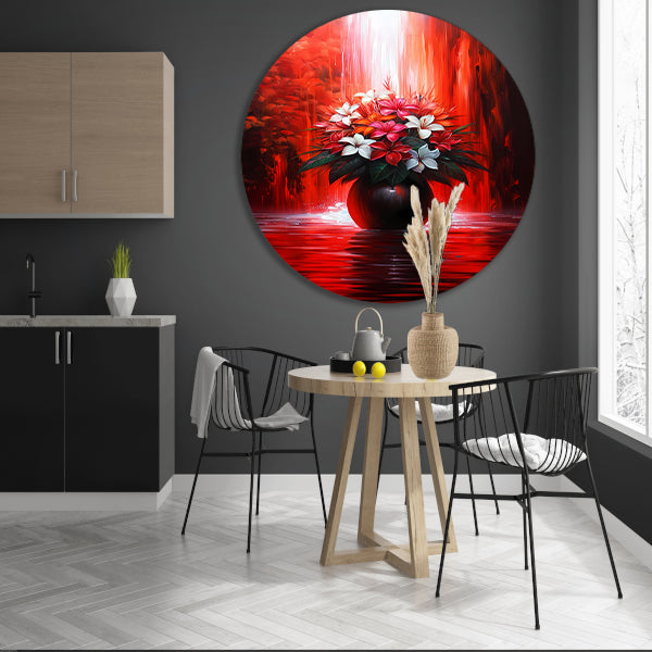 Levendige Bloemen in Elegante Zwarte Vaas op Rode Achtergrond aluminium muurcirkel