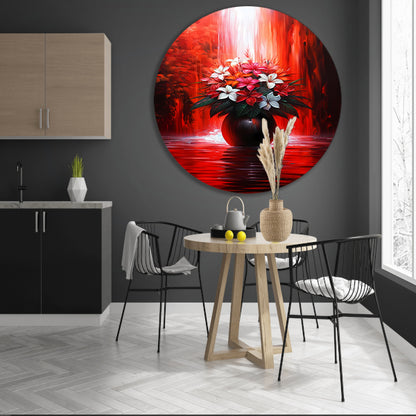 Levendige Bloemen in Elegante Zwarte Vaas op Rode Achtergrond aluminium muurcirkel