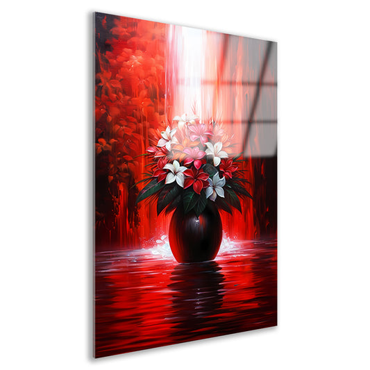 Levendige Bloemen in Elegante Zwarte Vaas op Rode Achtergrond acrylglas