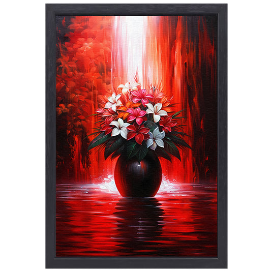 Levendige Bloemen in Elegante Zwarte Vaas op Rode Achtergrond canvas met baklijst