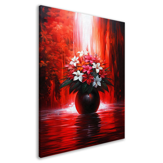 Levendige Bloemen in Elegante Zwarte Vaas op Rode Achtergrond canvas