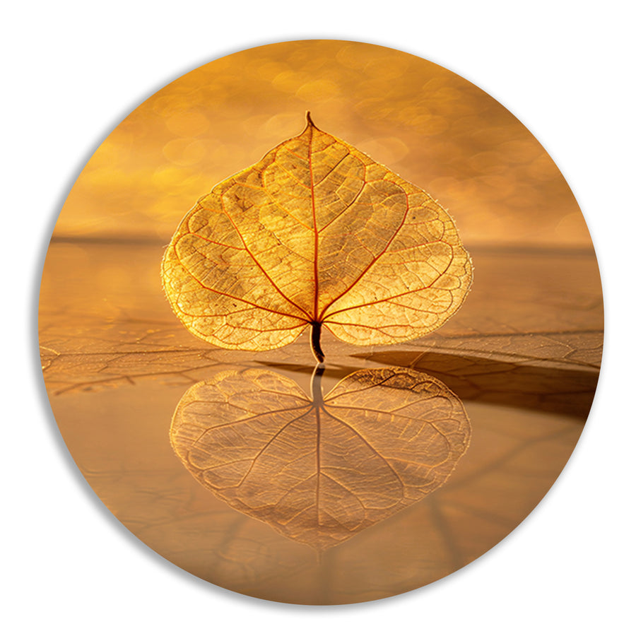 Blad perfect weerspiegeld in gouden licht aluminium muurcirkel