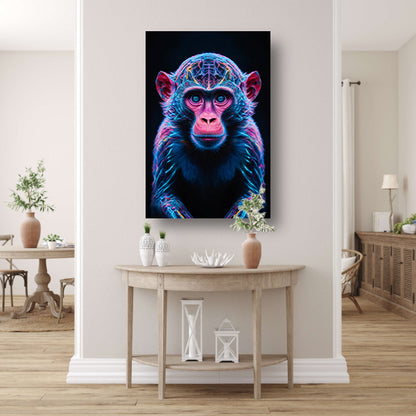 Futuristisch neonportret van een kleurrijke aap canvas met baklijst