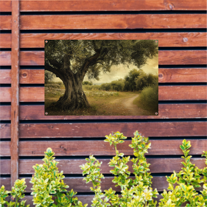 Eenzame boom op landweg tuinposter