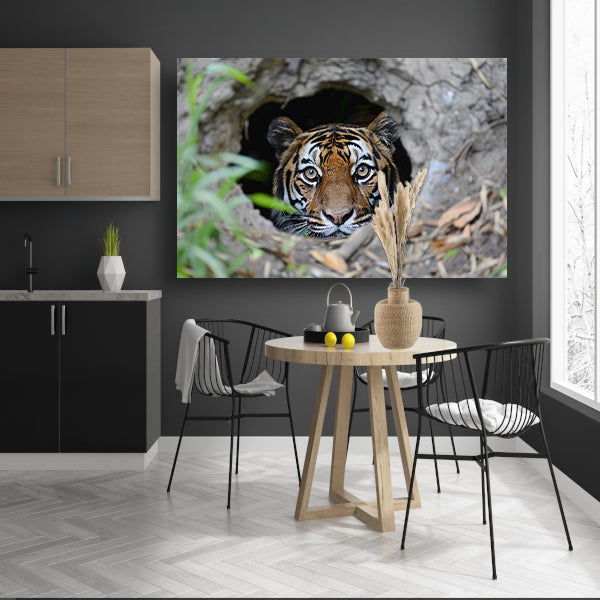 Tijger Loert vanuit Schuilplaats in Natuur canvas