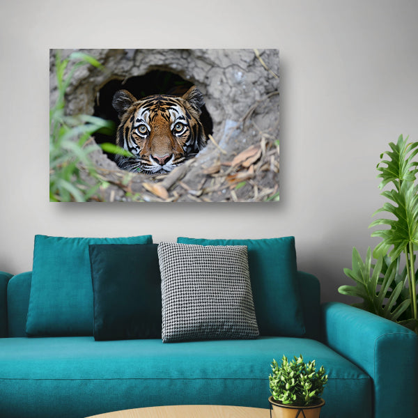 Tijger Loert vanuit Schuilplaats in Natuur canvas