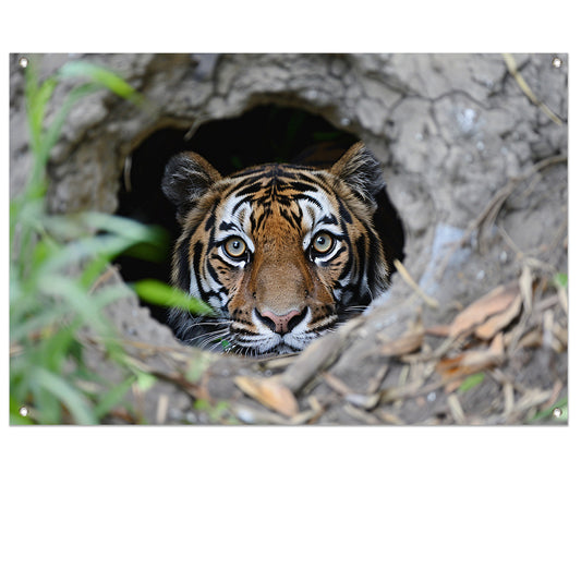 Tijger Loert vanuit Schuilplaats in Natuur tuinposter