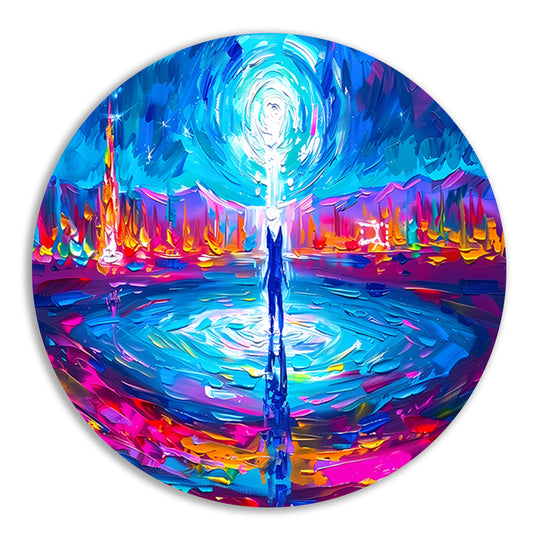 Abstracte kleurenexplosie met mensfiguur aluminium muurcirkel