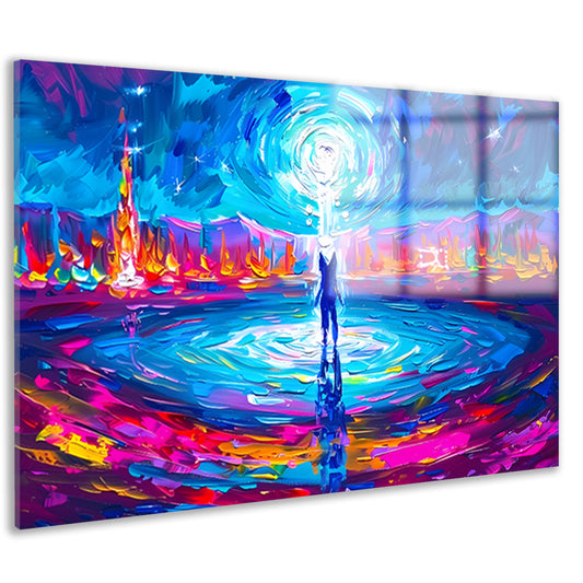 Abstracte kleurenexplosie met mensfiguur acrylglas