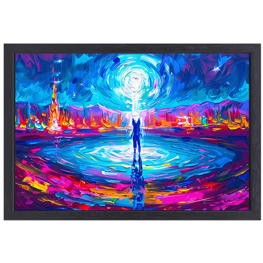 Abstracte kleurenexplosie met mensfiguur canvas met baklijst