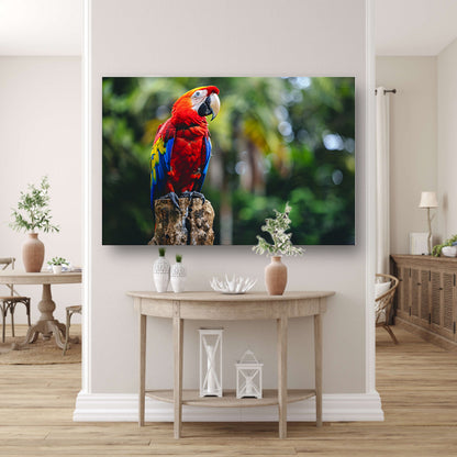 Kleurrijke realistische papegaai op een boomstronk canvas met baklijst