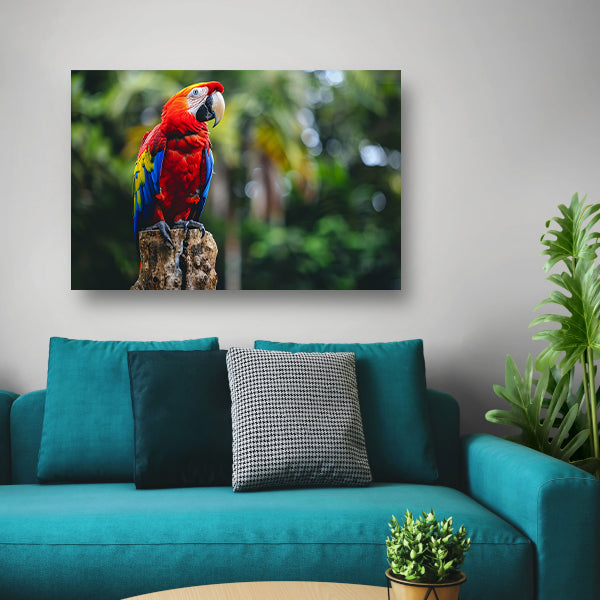 Kleurrijke realistische papegaai op een boomstronk canvas met baklijst
