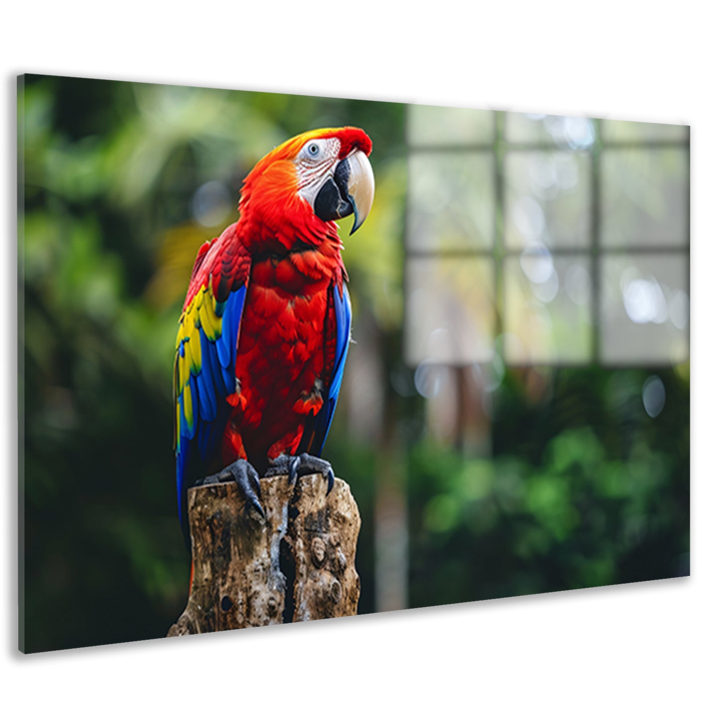 Kleurrijke realistische papegaai op een boomstronk acrylglas