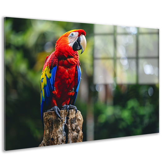 Kleurrijke realistische papegaai op een boomstronk acrylglas