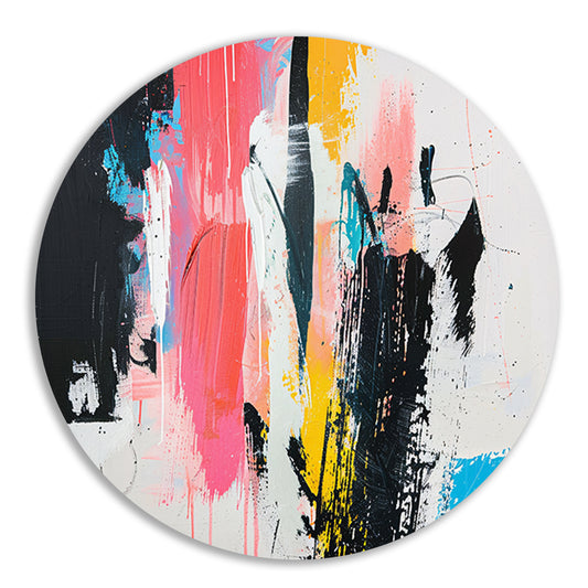 Modern abstract schilderij met dynamische kleuren aluminium muurcirkel