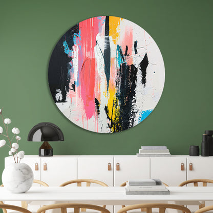 Modern abstract schilderij met dynamische kleuren aluminium muurcirkel