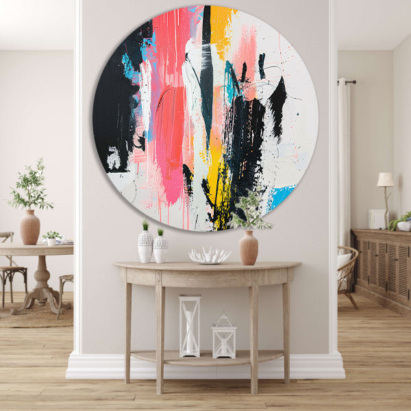 Modern abstract schilderij met dynamische kleuren aluminium muurcirkel