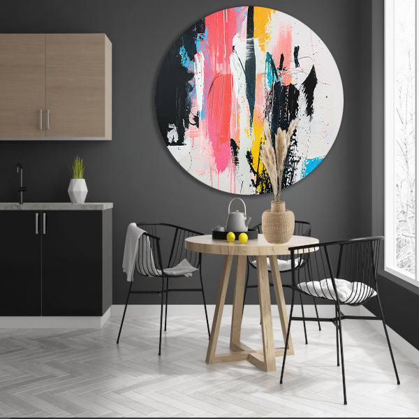 Modern abstract schilderij met dynamische kleuren aluminium muurcirkel