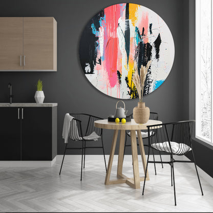 Modern abstract schilderij met dynamische kleuren aluminium muurcirkel