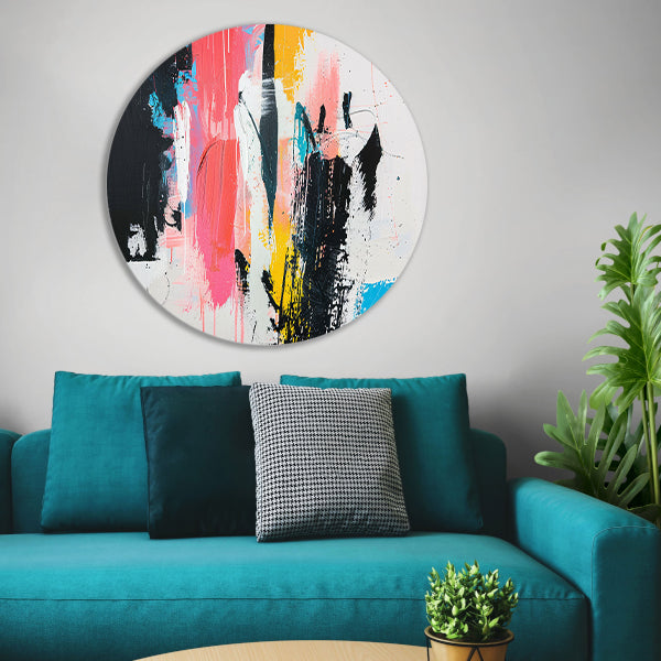 Modern abstract schilderij met dynamische kleuren aluminium muurcirkel