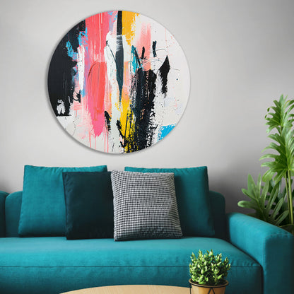 Modern abstract schilderij met dynamische kleuren aluminium muurcirkel