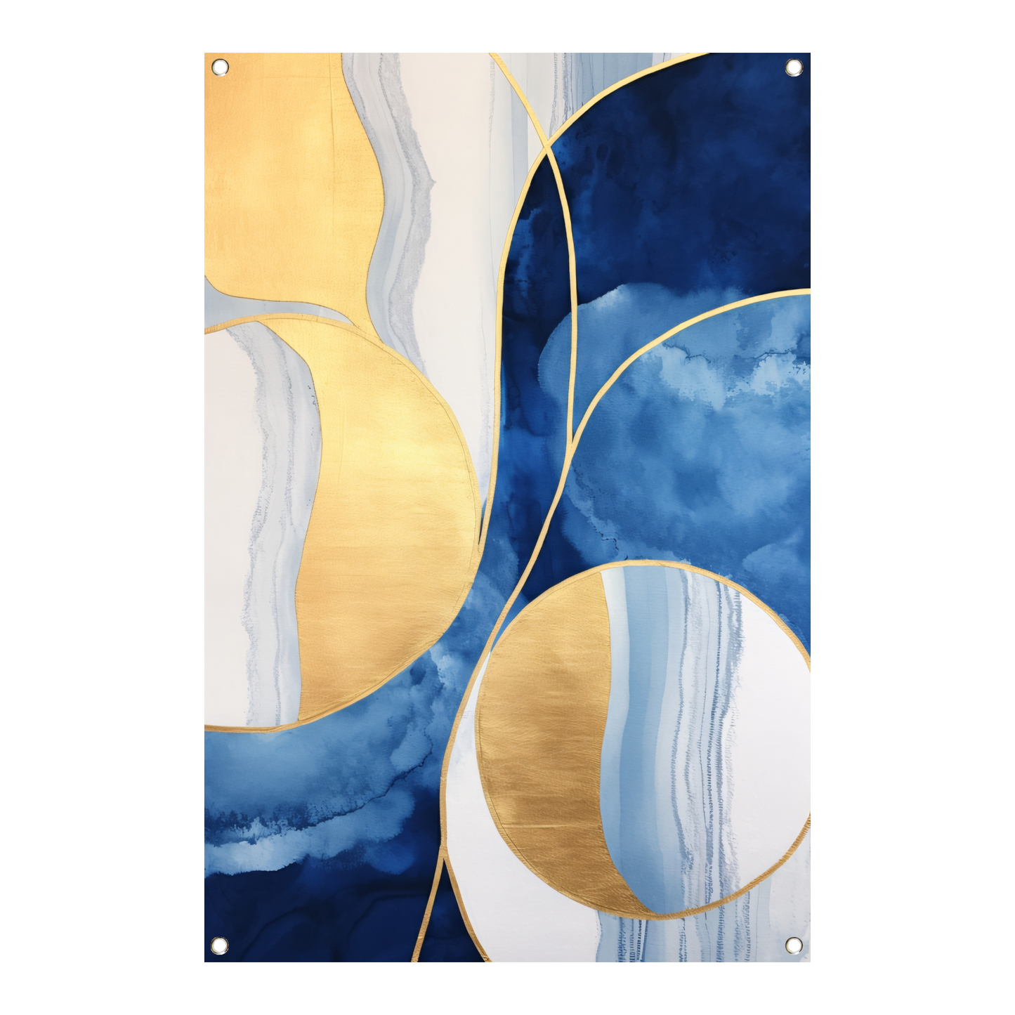 Abstract schilderij in blauw, wit en goud tuinposter