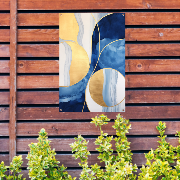 Abstract schilderij in blauw, wit en goud tuinposter