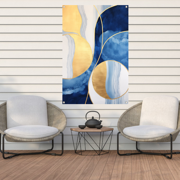 Abstract schilderij in blauw, wit en goud tuinposter