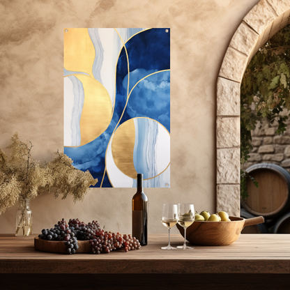 Abstract schilderij in blauw, wit en goud tuinposter