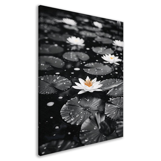 Zwart-wit foto van waterlelies op water canvas