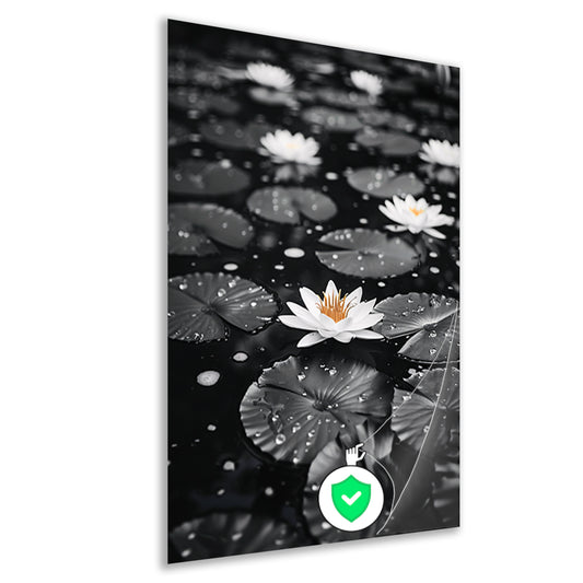 Zwart-wit foto van waterlelies op water poster