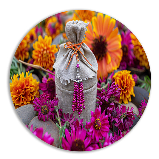 Paarse bloemen met tas aluminium muurcirkel